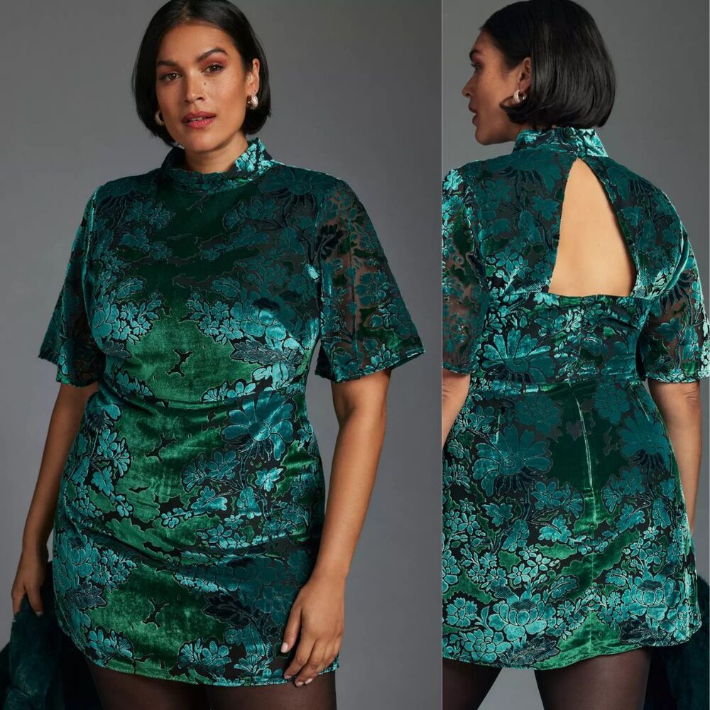 Anthropologie Bell Sleeve Mock Neck Velvet Burnout Mini Dress 22 Teal Green Boho